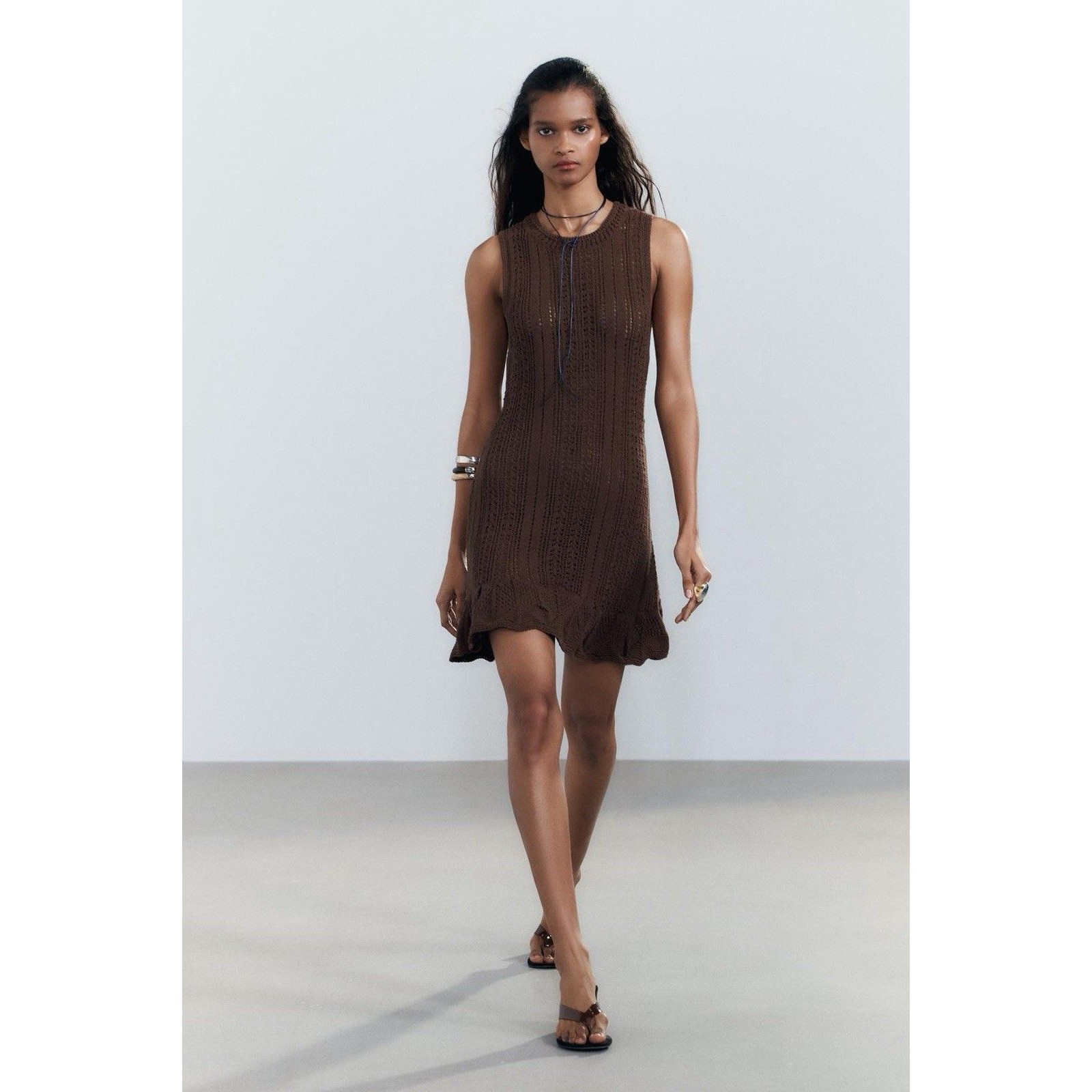 Zara Crocheted Round Neck Sleeveless Dress Hem Ruffle Brown Sz M